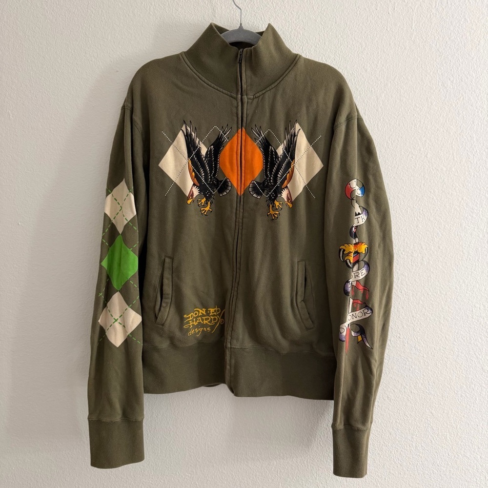 Vintage Ed Hardy USMC Death Before Dishonor Tattoo Graphic Zip Up Jacket XL